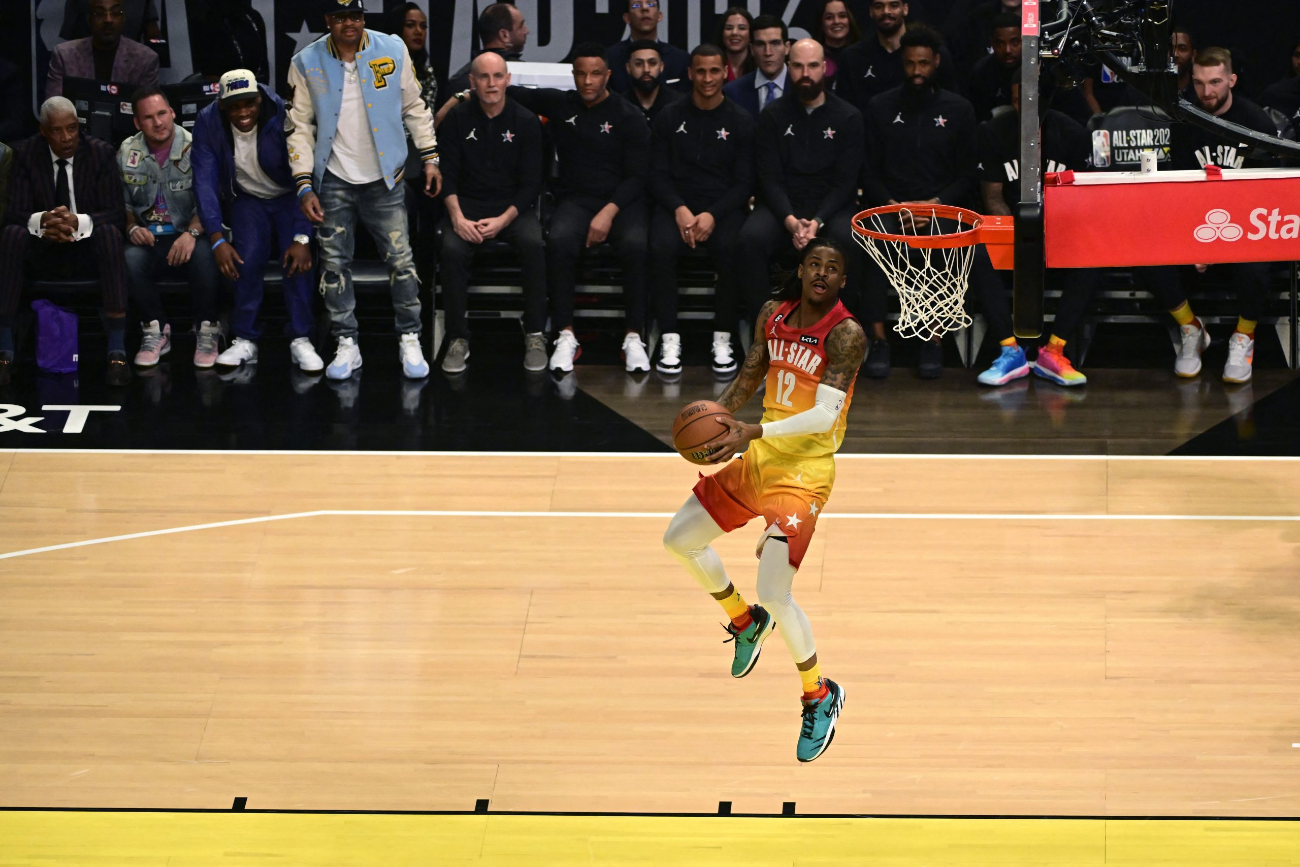 Feb 19, 2023; Salt Lake City, UT, USA; Team Giannis guard Ja Morant (12) dunks the ball during the first half in the 2023 NBA All-Star Game against Team LeBron at Vivint Arena. Mandatory Credit: Christopher Creveling-USA TODAY Sports Photo: Christopher Creveling/REUTERS