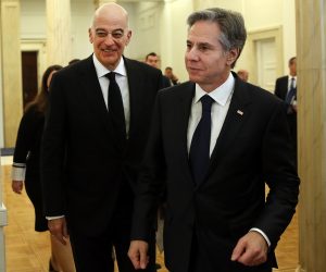epa10481189 Greek Foreign Minister Nikolaos Dendias (L) talks with US Secretary of State Antony Blinken (R) during their meeting in Athens, Greece, 21 February 2023. Blinken is in Athens on a two days official visit.  EPA/ORESTIS PANAGIOTOU