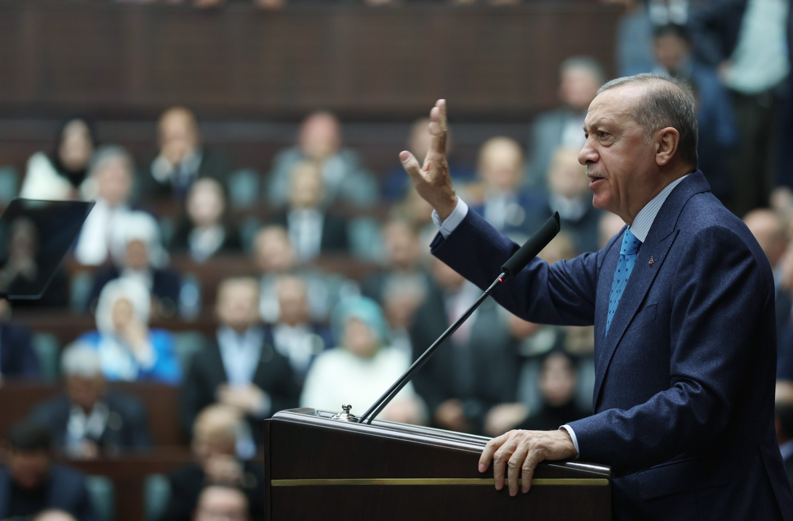 epa10412880 A handout photo made available by the Turkish President Press Office shows Turkish President Recep Tayyip Erdogan addresses members of ruling Justice and Development Party (AKP) at their group meeting at the parliament in Ankara, Turkey, 18 January 2023. President Erdogan announced that the presidential election could be held on 14 May 2023, a month earlier than scheduled.  EPA/TURKISH PRESIDENT PRESS OFFICE / HANDOUT  HANDOUT EDITORIAL USE ONLY/NO SALES