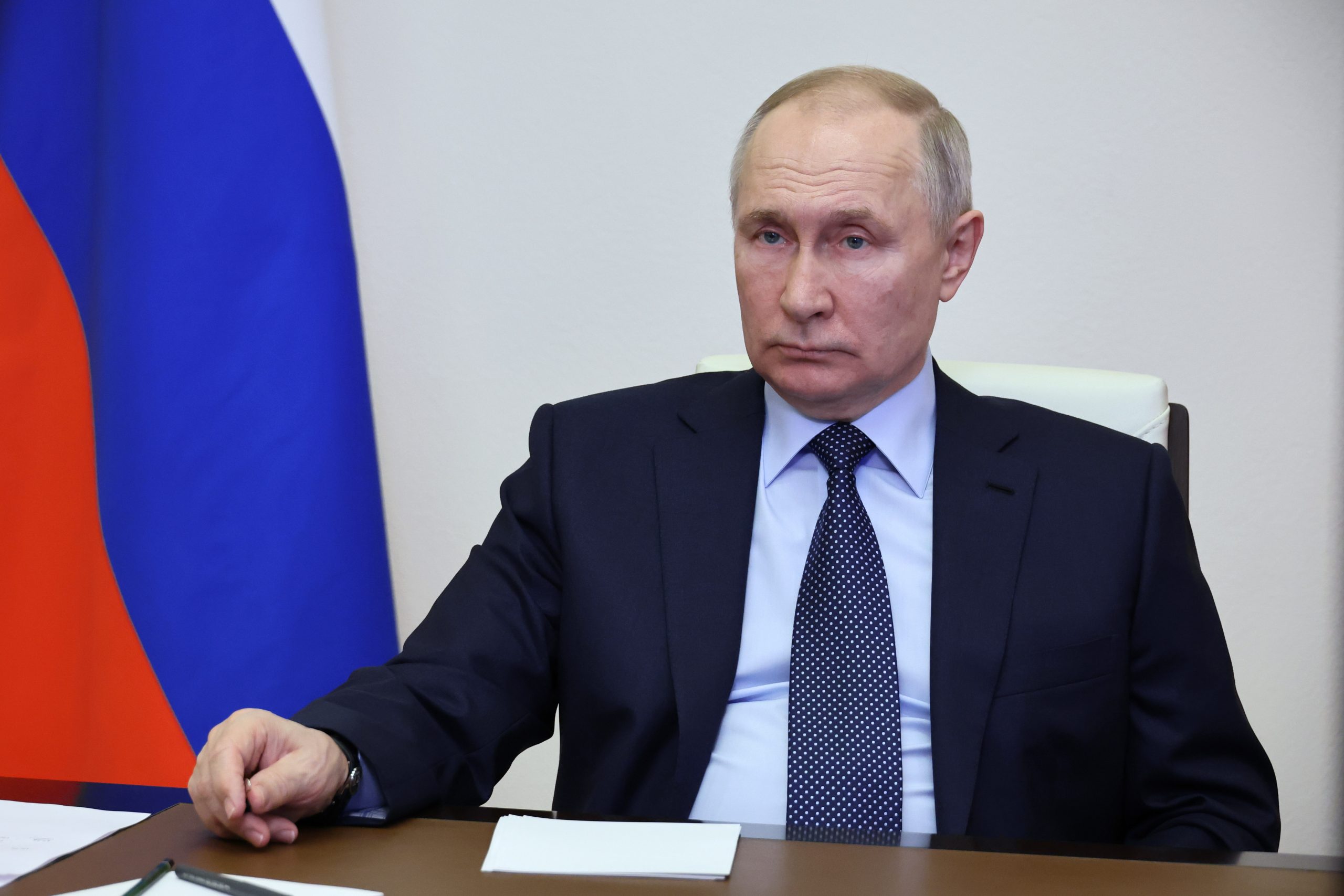epa10443000 Russian President Vladimir Putin chairs a meeting on the restoration of residential infrastructure in the border areas destroyed during emergency situations, via a video conference at the Novo-Ogaryovo state residence, outside Moscow, Russia, 01 February 2023. Russian President Vladimir Putin instructed to close as soon as possible all issues related to the restoration of housing in the border areas with Ukraine and affected by emergency situations. He noted that the main task is to eliminate the very possibility of shelling the border areas, but 'this is the business of the military department'.  EPA/MIKHAEL KLIMENTYEV / SPUTNIK / KREMLIN POOL MANDATORY CREDIT