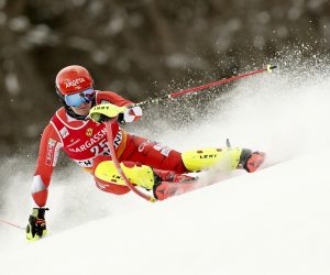 epa10446526 Filip Zubcic of Croatia in action during the first run of the Men's Slalom race at the FIS Alpine Skiing World Cup in Chamonix, France, 04 February 2023.  EPA/Guillaume Horcajuelo
