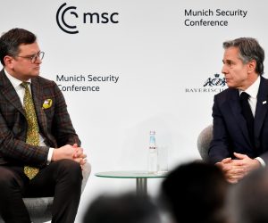 epa10475179 US Secretary of State Antony Blinken (R) and Foreign Minister of Ukraine, Dmytro Kuleba during the the 59th Munich Security Conference (MSC) in Munich, Germany, 18 February 2023. More than 500 high-level international decision-makers meet at the 59th Munich Security Conference in Munich during their annual meeting from 17 to 19 February 2023 to discuss global security issues.  EPA/ANNA SZILAGYI