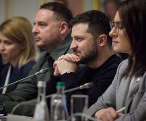 epa10445782 A handout photo made available by the Ukrainian Presidential Press Service shows Ukraine's President Volodymyr Zelensky (2-R), flanked by head of the Office of the President of Ukraine ​Andriy Yermak (3-R) and Ukrainian Economy Minister Yulia Svyrydenko (R), attending a meeting with European Commission President Von der Leyen and European Council President Michel during an EU-Ukraine summit in Kyiv (Kiev), Ukraine, 03 February 2023. The presidents of the European Council and European Commission, accompanied by 15 Commissioners, are visiting Kyiv to meet with Ukrainian top officials and take part in the EU-Ukraine summit, the first summit since the European Council granted Ukraine the status of EU candidate amid Russia's invasion. Ukraine applied for EU membership in February 2022 and was granted EU candidate status in June 2022.  EPA/UKRAINIAN PRESIDENTIAL PRESS SERVICE HANDOUT -- MANDATORY CREDIT: UKRAINIAN PRESIDENTIAL PRESS SERVICE -- HANDOUT EDITORIAL USE ONLY/NO SALES
