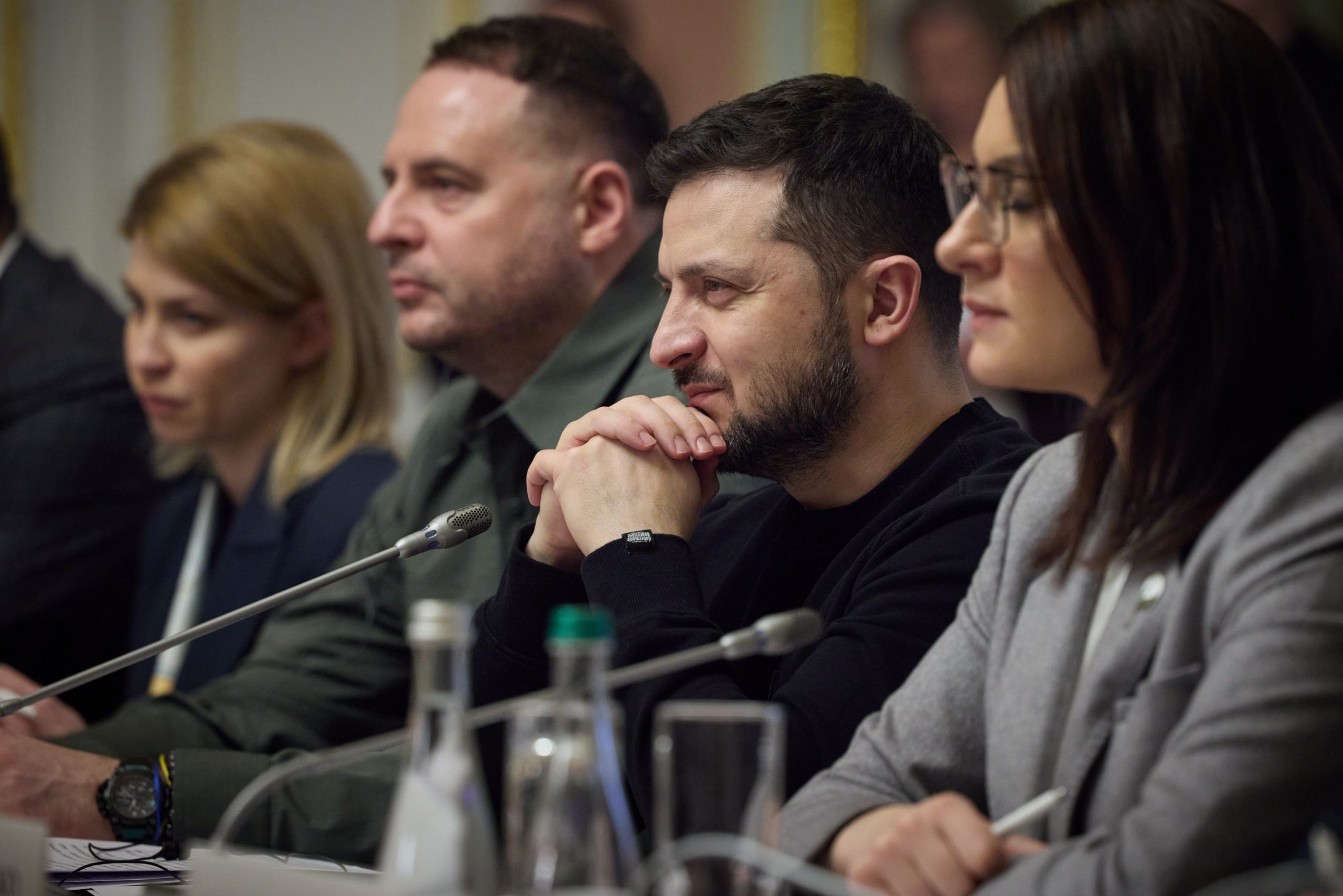 epa10445782 A handout photo made available by the Ukrainian Presidential Press Service shows Ukraine's President Volodymyr Zelensky (2-R), flanked by head of the Office of the President of Ukraine ​Andriy Yermak (3-R) and Ukrainian Economy Minister Yulia Svyrydenko (R), attending a meeting with European Commission President Von der Leyen and European Council President Michel during an EU-Ukraine summit in Kyiv (Kiev), Ukraine, 03 February 2023. The presidents of the European Council and European Commission, accompanied by 15 Commissioners, are visiting Kyiv to meet with Ukrainian top officials and take part in the EU-Ukraine summit, the first summit since the European Council granted Ukraine the status of EU candidate amid Russia's invasion. Ukraine applied for EU membership in February 2022 and was granted EU candidate status in June 2022.  EPA/UKRAINIAN PRESIDENTIAL PRESS SERVICE HANDOUT -- MANDATORY CREDIT: UKRAINIAN PRESIDENTIAL PRESS SERVICE -- HANDOUT EDITORIAL USE ONLY/NO SALES