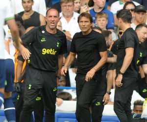 Football - 2022 / 2023 Premier League - Chelsea vs Tottenham Hotspur - Stamford Bridge - Sunday 14th August 2022 Chelsea Manager, Antonio Conte and coach, Cristian Stellini PUBLICATIONxNOTxINxUK