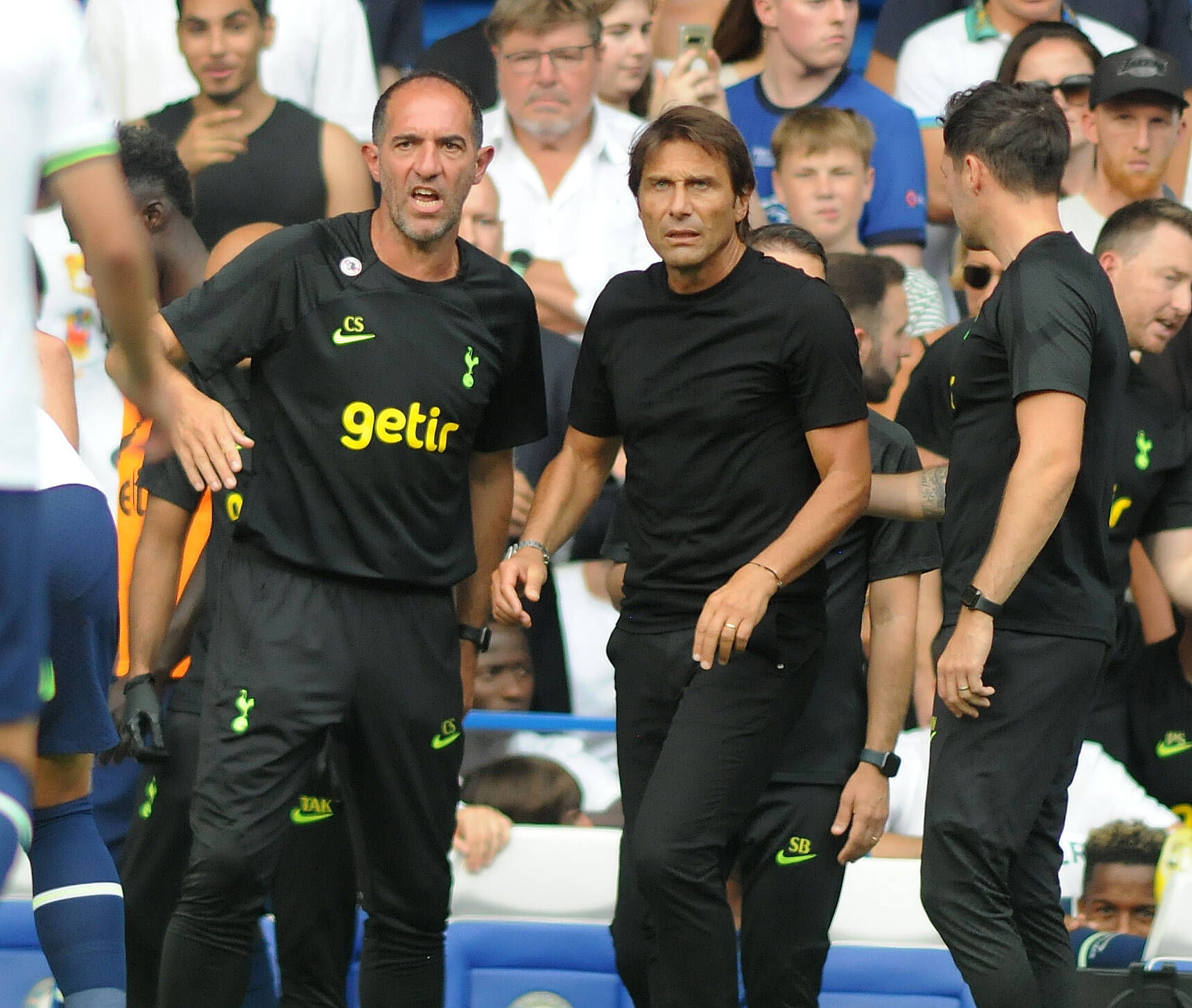 Football - 2022 / 2023 Premier League - Chelsea vs Tottenham Hotspur - Stamford Bridge - Sunday 14th August 2022 Chelsea Manager, Antonio Conte and coach, Cristian Stellini PUBLICATIONxNOTxINxUK