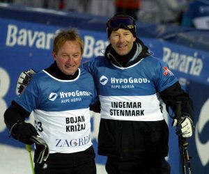 Zagreb, 17.02.2008 - Nakon enskog i mukog slaloma bogati skijaki program na Sljemenu zakljuèen je humanitarnom utrkom "Hypo Zagreb Ski Legend" na kojoj su nastupile neke od najveæih legendi u povijesti skijanja. Na slici legende skijanja Ingemar Stenmark (D) i Bojan Kriaj (L).