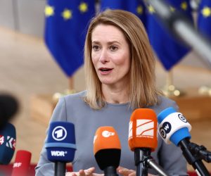 epa10456049 Estonia's Prime Minister Kaja Kallas speaks to the media as she arrives for a special meeting of the European Council in Brussels, Belgium, 09 February 2023. EU leaders will meet in Brussels on 09 and 10 February for a summit to discuss Russia's invasion of Ukraine, the EU's economy and competitiveness, and its migration policy.  EPA/STEPHANIE LECOCQ