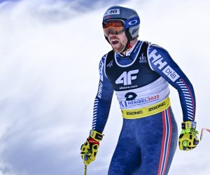 epa10456448 Aleksander Aamodt Kilde of Norway reacts in the finish area during the men's super-g race at the 2023 FIS Alpine Skiing World Championships in Courchevel, France, 09 February 2023.  EPA/JEAN-CHRISTOPHE BOTT