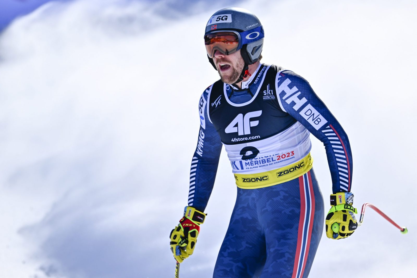 epa10456448 Aleksander Aamodt Kilde of Norway reacts in the finish area during the men's super-g race at the 2023 FIS Alpine Skiing World Championships in Courchevel, France, 09 February 2023.  EPA/JEAN-CHRISTOPHE BOTT