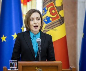 epa10464899 President of Moldova Maia Sandu speaks during a press briefing at the presidential palace in Chisinau, Moldova, 13 February 2023. Sandu spoke about the possibility of threats to national security allegedly posed by Russia to remove the current pro-European power from Chisinau through the involvement of people from outside the country.  EPA/DUMITRU DORU