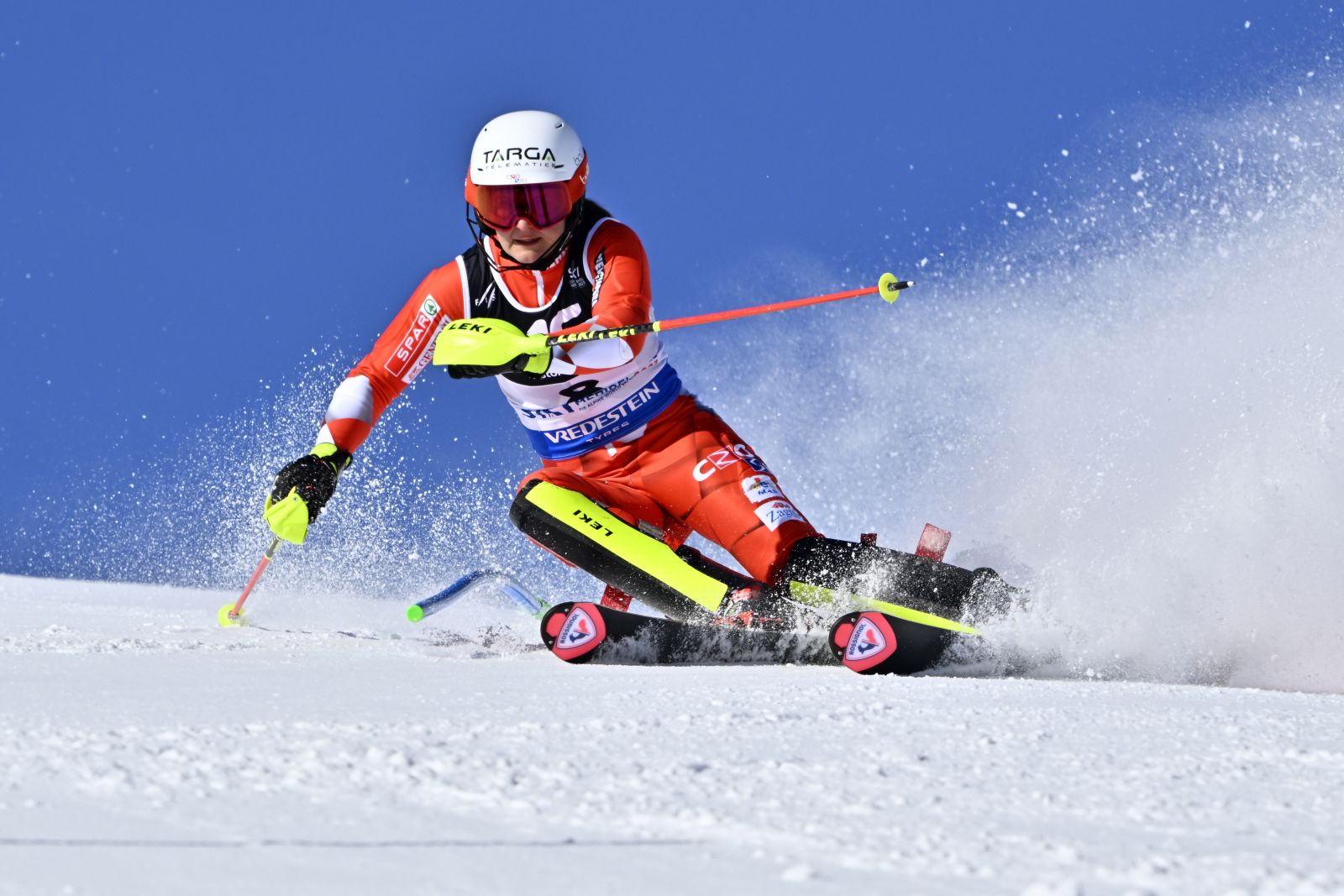 epa10474292 Zrinka Ljutic of Croatia in action during the first run of the women's slalom race at the FIS Alpine Skiing World Championships in Meribel, France, 18 February 2023.  EPA/JEAN-CHRISTOPHE BOTT