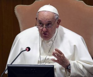 epa10474680 A handout picture provided by the Vatican Media shows Pope Francis during a conference with the participants in the conference promoted by the Dicastery for the Laity, the Family and Life, Vatican City, 18 February 2023.  EPA/VATICAN MEDIA HANDOUT  HANDOUT EDITORIAL USE ONLY/NO SALES