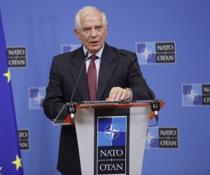 epa10481596 EU High Representative for Foreign Affairs and Security Policy Josep Borrell attends a press conference following a meeting at Alliance headquarters in Brussels, Belgium, 21 February 2023.  EPA/OLIVIER HOSLET