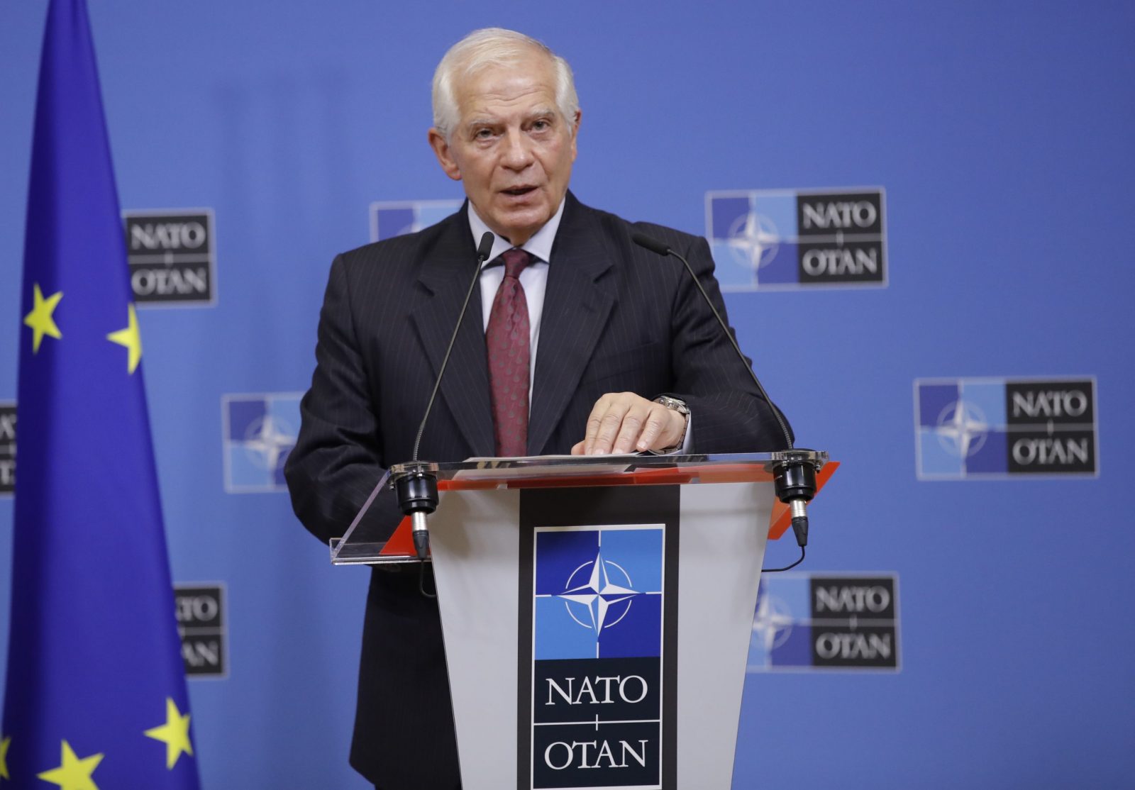 epa10481596 EU High Representative for Foreign Affairs and Security Policy Josep Borrell attends a press conference following a meeting at Alliance headquarters in Brussels, Belgium, 21 February 2023.  EPA/OLIVIER HOSLET
