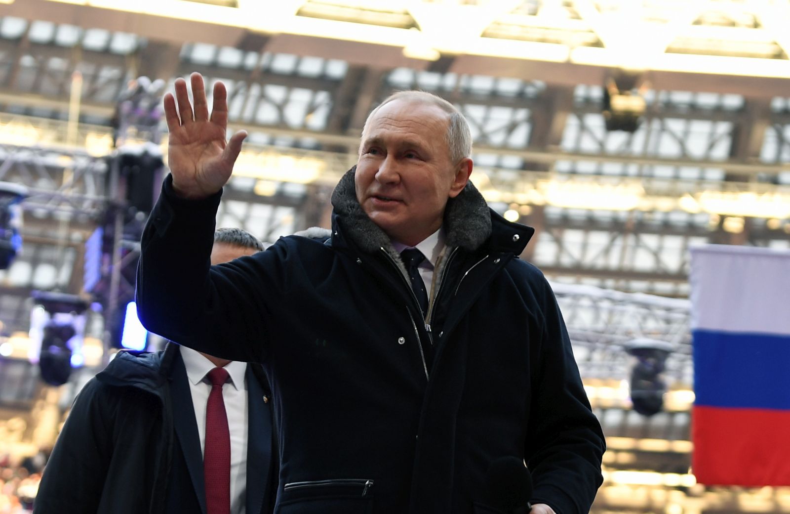 epa10483598 Russian President Vladimir Putin attends a rally-concert 'Glory to defenders of the Fatherland' dedicated to the Defender of the Fatherland Day at Luzhniki Stadium in Moscow, Russia, 22 February 2023. Defender of the Fatherland Day is marked February 23 in Russia, Belarus, Kyrgyzstan, and Tajikistan, commemorating the date in 1918 when the first mass draft into the Red Army took place in Moscow and Petrograd during the country's Civil War and war against the German Emperor.  EPA/MAXIM BLINOV/SPUTNIK/KREMLIN POOL MANDATORY CREDIT