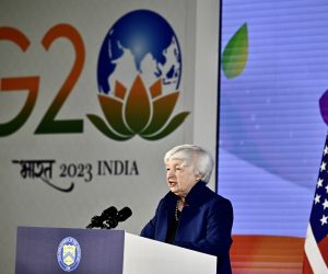 epa10485058 United States Secretary of the Treasury Janet Yellen addresses a press conference during the G20 Finance Ministers and Central Bank Governors (FMCBG) meeting in Bangalore, India, 23 February 2023. Yellen was set to discuss the resilience of the US and global economy in the face of headwinds including Russia's invasion of Ukraine and highlight key priorities for the Treasury during the G20, her office informed.  EPA/JAGADEESH NV