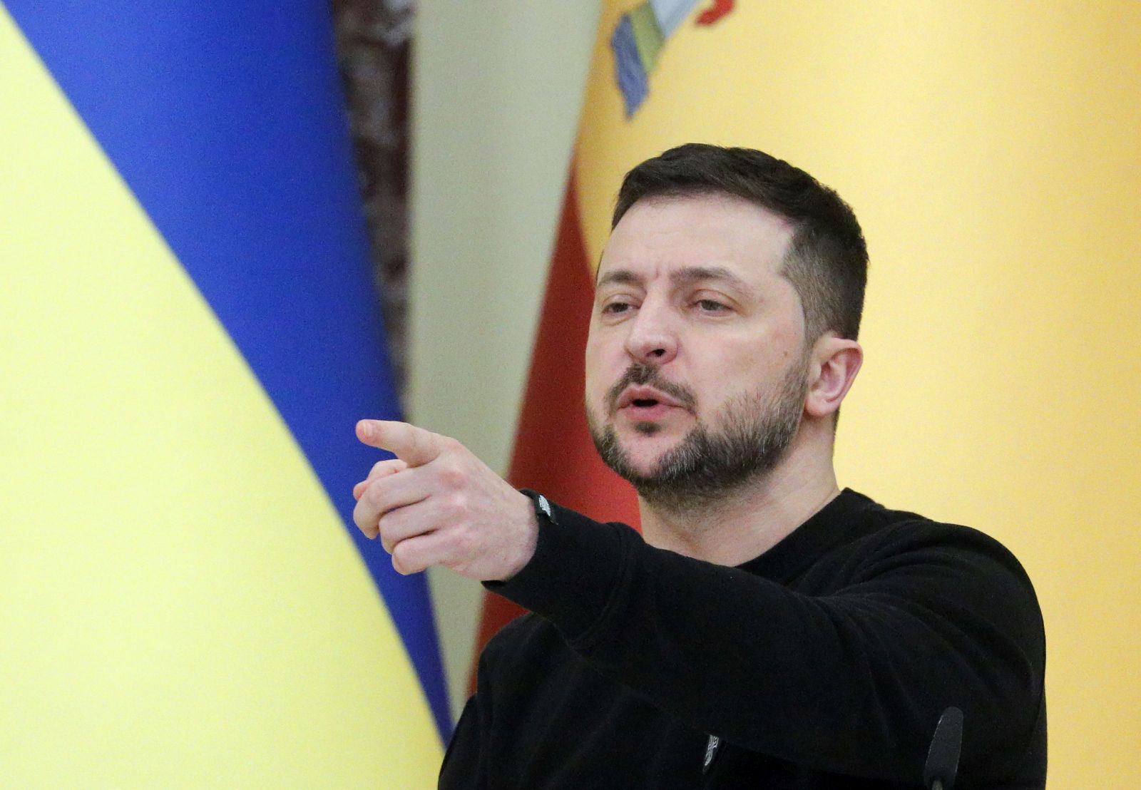 epa10485611 Ukraine's President Volodymyr Zelensky attends a joint press conference with Spanish Prime Minister Pedro Sanchez following their meeting in Kyiv, Ukraine, 23 February 2023. Pedro Sanchez arrived in Ukraine to meet with top officials amid Russia's invasion.  EPA/SERGEY DOLZHENKO