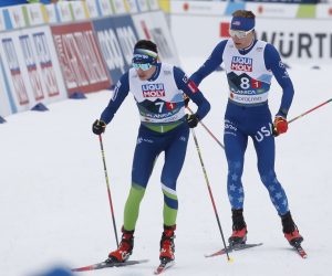 epa10492297 Ida Marie Hagen (C) of Norway and Jenny Nowak of Germany (R)  in action during the Nordic Combined Mixed Team Gundersen Normal Hill competition round at the FIS Nordic Skiing World Championships in Planica, Slovenia, 26 February 2023.  EPA/ANTONIO BAT