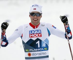 epa10492494 Jarl Manus Riiber of Norway reacts after finishing the Nordic Combined Mixed Team Gundersen Normal Hill competition round at the FIS Nordic Skiing World Championships in Planica, Slovenia, 26 February 2023.  EPA/ANTONIO BAT