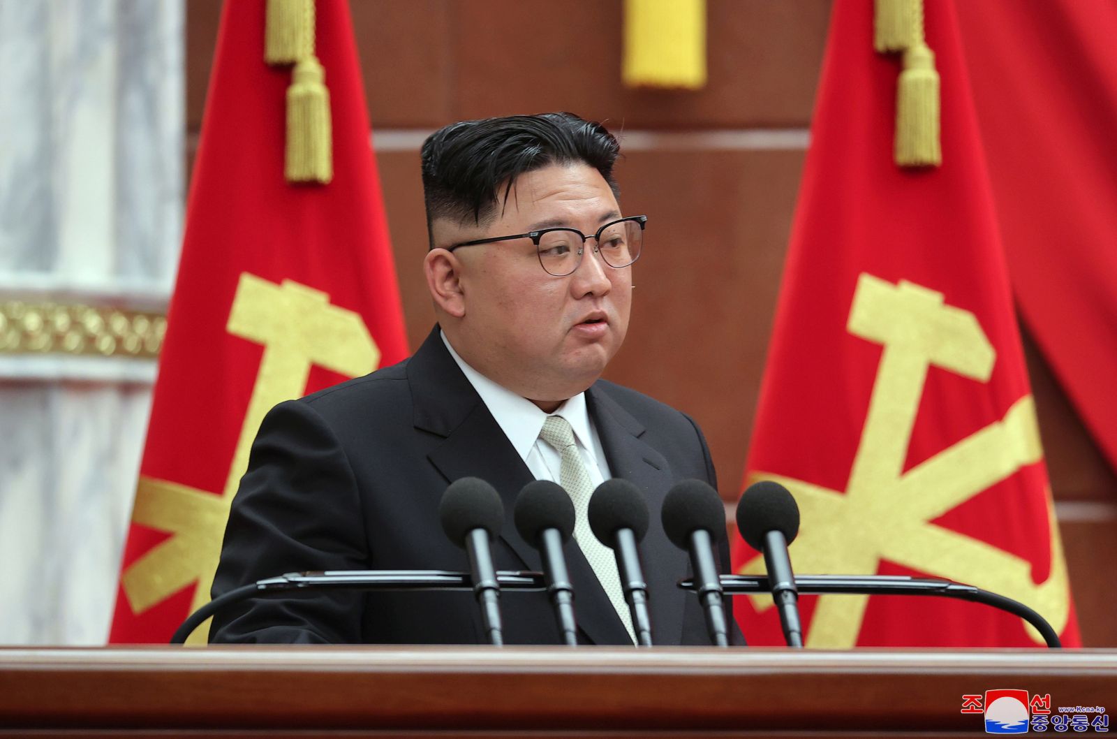 epa10493356 A photo released by the official North Korean Central News Agency (KCNA) shows North Korean Supreme Leader Kim Jong-un presiding over the 7th enlarged plenary meeting of the 8th Central Committee of the Workers' Party of Korea (WPK) at the office building of the WPK Central Committee in Pyongyang, North Korea, 26 February 2023 (issued 27 February 2023). According to North Korean state media, the meeting will address the formulation and implementation of economic development programs, in addition to surveying and determining the efficacy of projects implemented in 2022.  EPA/KCNA   EDITORIAL USE ONLY