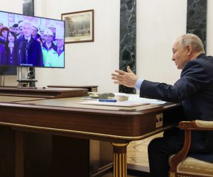 epa10496801 Russian President Vladimir Putin takes part in the ceremony of the opening of the Big Circle Line (BCL) of the Moscow subway via videoconference, in Moscow, Russia, 01 March 2023. The Big Circle Line, whose length is over 70 kilometers long with 31 stations and three train depots, is one of the biggest underground construction project in the world. Launch of the BCL will improve the transport situation in 34 districts of Moscow with a population of 3.3 million people and considerably reduce the burden on other subway lines.  EPA/MIKHAIL METZEL / SPUTNIK / KREMLIN POOL MANDATORY CREDIT