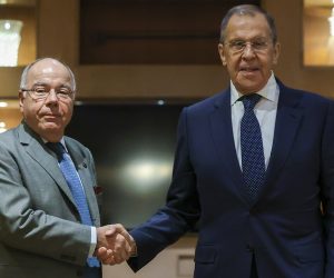 epa10496993 A handout picture made available by Russian Foreign  ministry press service shows Russian Foreign Minister Sergey Lavrov (R) meets with Brazilian Foreign Minister Mauro Vieira (L), during their meeting on the sideline of G20 foreign minister's meeting in New Delhi, India, 01 March 2023. Lavrov arrived in the Indian capital to take part in the meeting of the G20 foreign ministers on 01-02 March.  EPA/RUSSIAN FOREIGN MINISTRY PRESS SERVICE HANDOUT  HANDOUT EDITORIAL USE ONLY/NO SALES