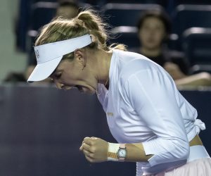 epa10498101 Croatian tennis player Donna Vekic celebrates her victory against US player Emma Navarro, during a match on day 3 of the Monterrey Tennis Open in Monterrey, Mexico 01 March 2023.  EPA/MIGUEL SIERRA