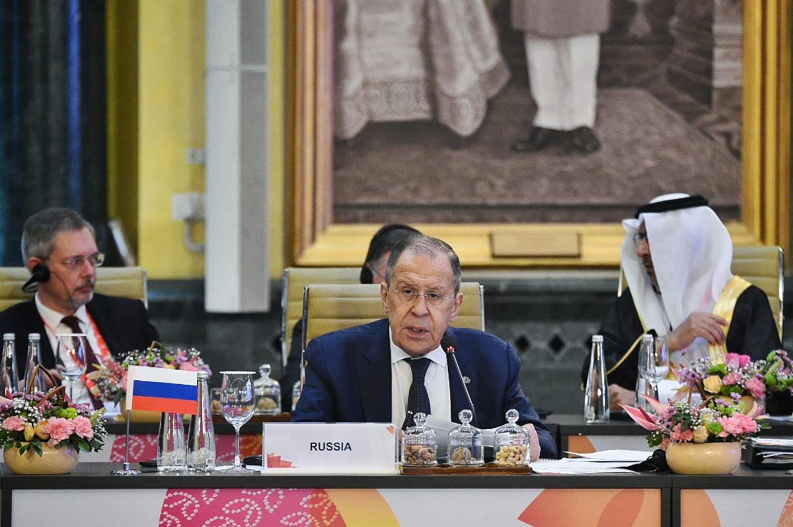 epa10498289 A handout photo made available by India's Ministry of External Affairs (MEA) of Russia's Foreign Minister Sergey Lavrov attending the G20 Foreign Ministers Meeting in New Delhi, India, 02 March 2023. The G20 foreign ministers met in New Delhi under India's G20 Presidency.  EPA/INDIAN MINISTRY OF EXTERNAL AFFAIRS HANDOUT -- BEST QUALITY AVAILABLE -- HANDOUT EDITORIAL USE ONLY/NO SALES