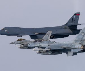 epa10500086 A handout photo made available by the South Korean Defense Ministry shows the air forces of South Korea and the US carrying out a joint drill over the West Sea and the central inland region, 03 March 2023. The exercise involved F-15K and KF-16 fighter jets from South Korea and a B-1B strategic bomber from the US.  EPA/SOUTH KOREAN DEFENSE MINISTRY / HANDOUT SOUTH KOREA OUT HANDOUT EDITORIAL USE ONLY/NO SALES