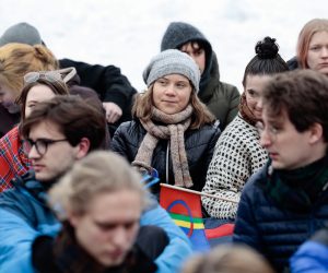 epa10500156 Greta Thunberg (C) joins campaigners who have been protesting in Oslo for over a week against the wind turbines at Fosen, during a demonstration in front of the Royal Palace in Oslo, Norway, 03 March 2023.  EPA/ALF SIMENSEN  NORWAY OUT