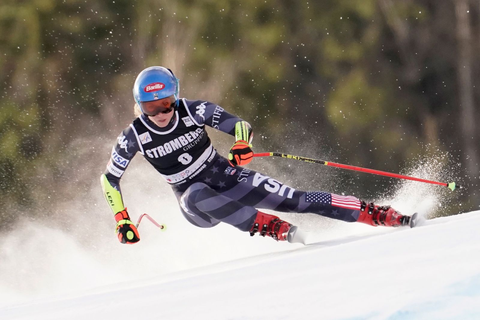 epa10500157 Mikaela Shiffrin from the USA in action during the women's Super G race at the FIS Alpine Skiing World Cup in Kvitfjell, Norway, 03 March 2023.  EPA/Stian Lysberg Solum  NORWAY OUT