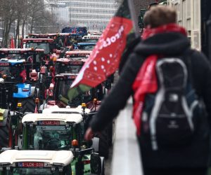 epa10500472 Farmers from the northern region of Flanders take part in a protest with their tractors against a new regional government plan to limit nitrogen emissions, in Brussels, Belgium, 03 March 2023.  EPA/STEPHANIE LECOCQ