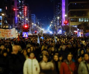 epa10501511 People participate in a protest march in Thessaloniki, northern Greece, 03 March 2023, over Greece's deadliest train crash. The death toll of the train collision that occurred on the Athens-Thessaloniki line has risen to 57, Hellenic Police spokesperson confirmed 02 March evening, while 48 people are still in hospital. The collision occurred late on Tuesday 28 February night near Tempi in central Greece between a passenger train travelling north and a freight train travelling south on the same line. Fire fighters are sweeping the remains of the carriages and the ground around the crash site to possibly locate additional bodies or small samples of biological material that can be used to identify victims. A station master in the central Greek city of Larissa has been detained over the accident.  EPA/ACHILLEAS CHIRAS