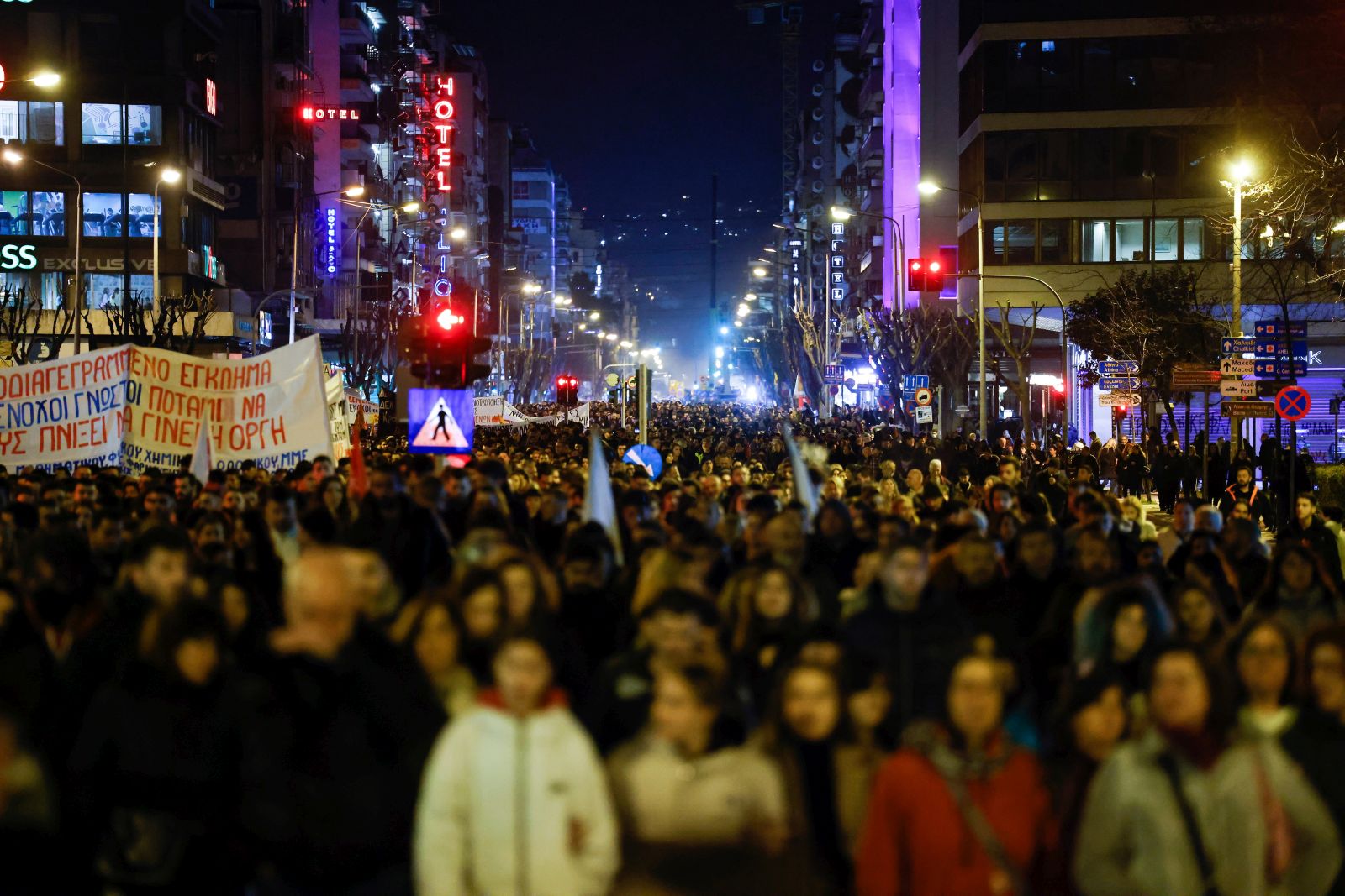 epa10501511 People participate in a protest march in Thessaloniki, northern Greece, 03 March 2023, over Greece's deadliest train crash. The death toll of the train collision that occurred on the Athens-Thessaloniki line has risen to 57, Hellenic Police spokesperson confirmed 02 March evening, while 48 people are still in hospital. The collision occurred late on Tuesday 28 February night near Tempi in central Greece between a passenger train travelling north and a freight train travelling south on the same line. Fire fighters are sweeping the remains of the carriages and the ground around the crash site to possibly locate additional bodies or small samples of biological material that can be used to identify victims. A station master in the central Greek city of Larissa has been detained over the accident.  EPA/ACHILLEAS CHIRAS