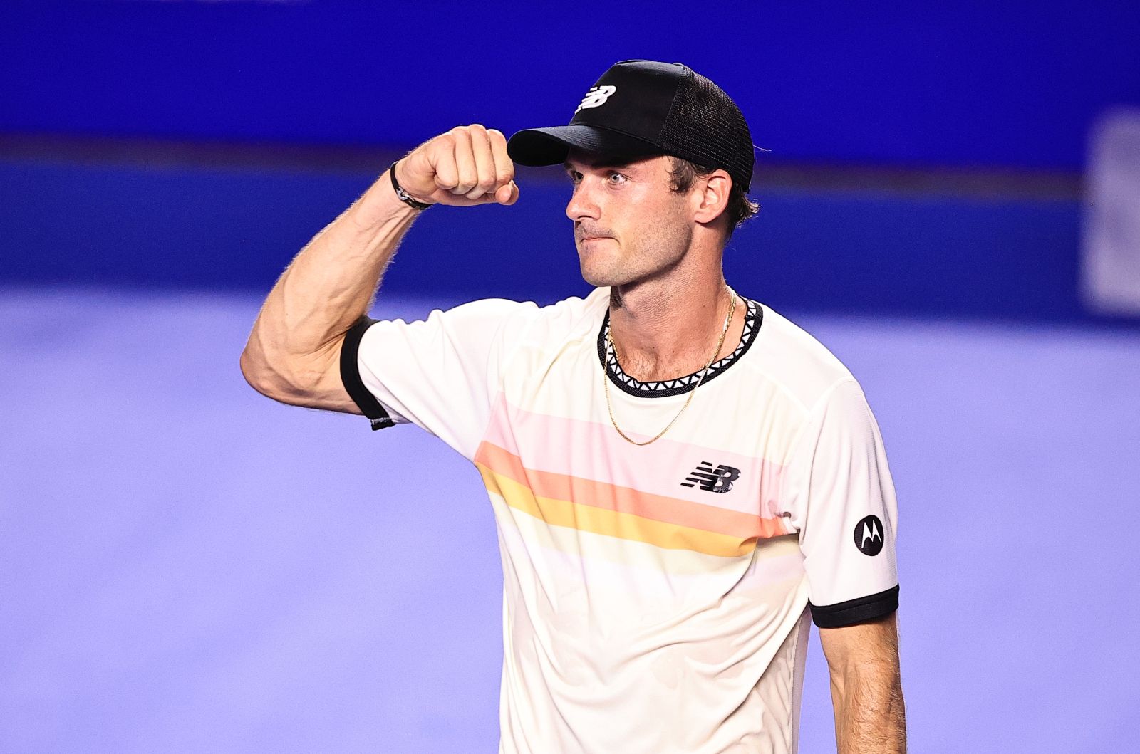 epa10501841 Tommy Paul of the USA celebrates his victory against Taylor Fritz of the USA at the conclusion of their match at the 2023 Mexican Open tennis tournament in Acapulco, Guerrero state, Mexico, 03 March 2023.  EPA/David Guzman