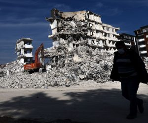 epa10502722 A demolition team works in the aftermath of the powerful earthquakes in Nurdagi district of Gaziantep, Turkey, 04 March 2023. More than 50,000 people died and thousands more were injured after major earthquakes struck southern Turkey and northern Syria on 06 February and again on 20 February 2023.  EPA/SEDAT SUNA