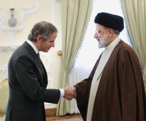 epa10502648 A handout photo made available by the Iranian presidential office shows, Iranian president Ebrahim Raisi greets Director General of the International Atomic Energy Agency (IAEA) Rafael Mariano Grossi (L) in Tehran, Iran, 04 March 2023. Grossi is in Tehran to meet with Iranian officials over Iran's nuclear policy.  EPA/IRAN PRESIDENTIAL OFFICE  HANDOUT EDITORIAL USE ONLY/NO SALES