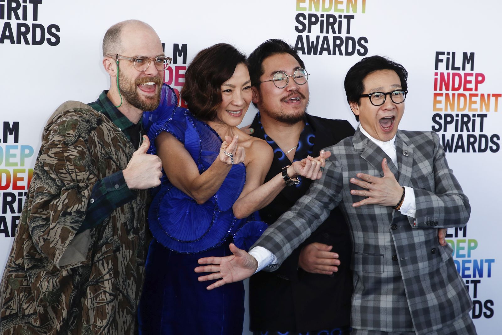 epa10503820 (L-R) US director Daniel Scheinert, Malaysian actor Michelle Yeoh, US director Daniel Kwan and Vietnamese-American actor Ke Huy Quan attend the Film Independent Spirit Awards in Santa Monica, California, USA, 04 March 2023.  EPA/CAROLINE BREHMAN