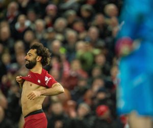 epa10505487 Liverpool's Mohamed Salah celebrates after scoring the 6-0 goal during the English Premier League soccer match between Liverpool FC and Manchester United in Liverpool, Britain, 05 March 2023.  EPA/Peter Powell EDITORIAL USE ONLY. No use with unauthorized audio, video, data, fixture lists, club/league logos or 'live' services. Online in-match use limited to 120 images, no video emulation. No use in betting, games or single club/league/player publications