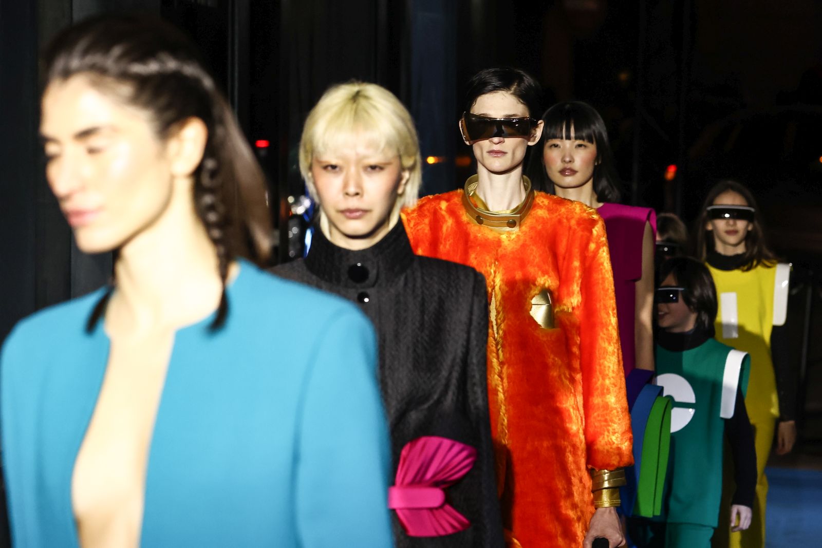 epa10505556 Models present creations from the Fall/Winter 2023/24 Womenswear collection for the Pierre Cardin label during the Paris Fashion Week, in Paris, France, 05 March 2023. The presentation of the Womenswear runs from 27 February to 07 March 2023.  EPA/Mohammed Badra