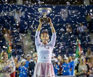 epa10505725 Donna Vekic of Croatia celebrates with the trophy after defeating Caroline Garcia of France in the final of the Monterrey Open tennis tournament, in Monterrey, Mexico, 05 March 2023.  EPA/MIGUEL SIERRA