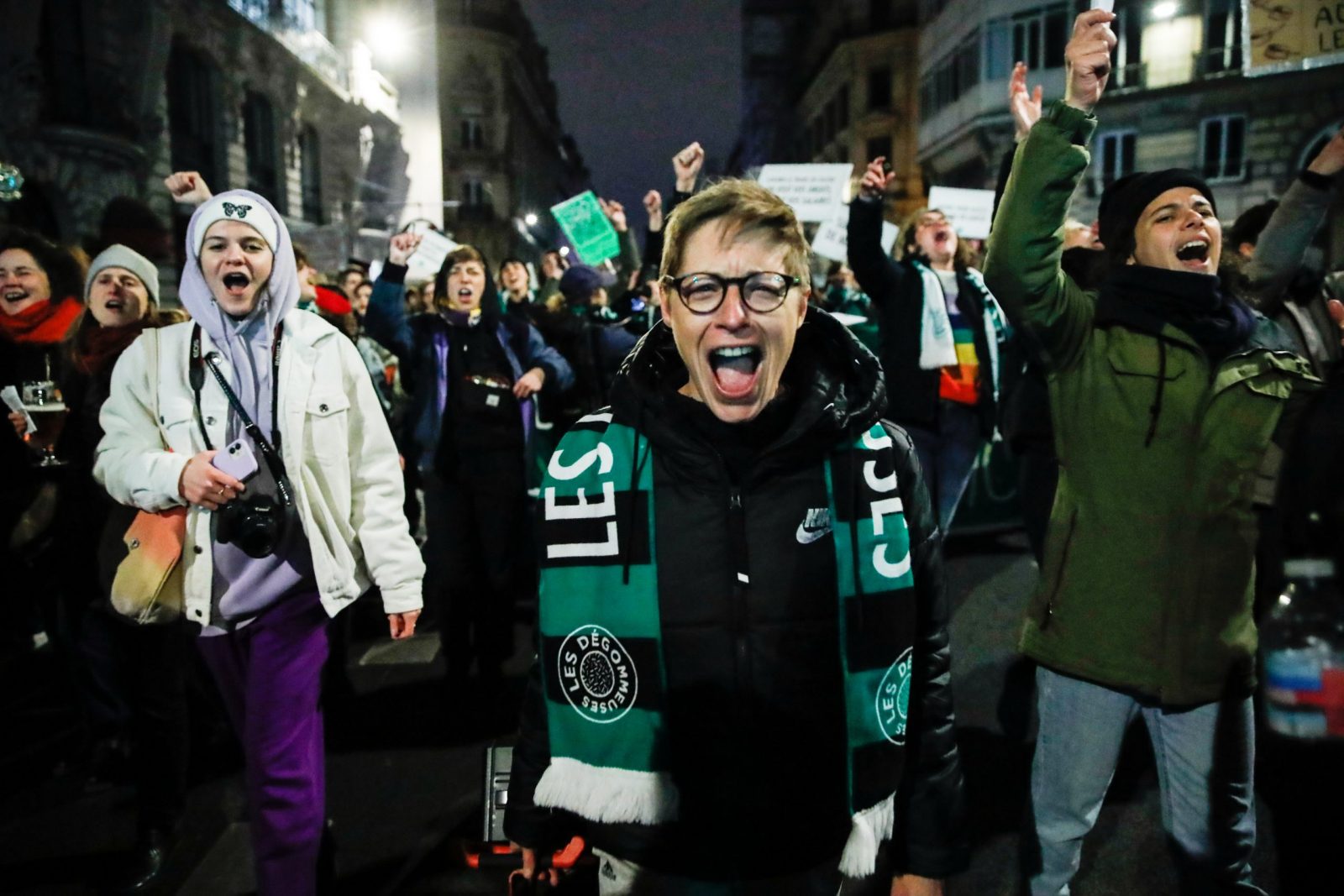 epa10506818 People take part in a night feminist demonstration prior to March 8, international day of fight for women's rights in Paris, France, 06 March 2023.  EPA/TERESA SUAREZ