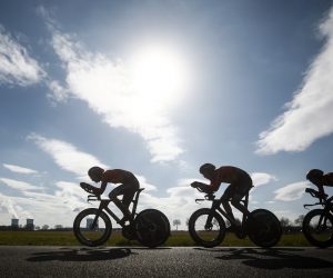 epa10507554 Bahrain Victorious team riders in action during the 3rd stage of the Paris Nice cycling race, a Team time trial over 32.2 km in Dampierre-en-Burly, France, 07 March 2023.  EPA/YOAN VALAT