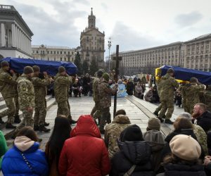 epa10507596 Honor guard carry coffins at memorial service for four Ukrainian fighters at Maidan Nezhalezhnosti Square in Kyiv, Ukraine, 07 March 2023 amid the Russian invasion. Four Ukrainian fighters of the sabotage group Bratstvo (Brotherhood), Yuriy Horovets, Maksym Mykhaylov, Taras Karpyuk, and Bohdan Lyagov died on the territory of Russia while performing a combat mission on December 25, 2022. On 26 December, Russia's Federal Security Service FSB announced they had killed four Ukrainians of a sabotage group in the Bryansk Oblast. Their bodies were returned to Ukraine on 22 February 2023. Russian troops entered Ukrainian territory on 24 February 2022, starting a conflict that has provoked destruction and a humanitarian crisis.  EPA/OLEG PETRASYUK