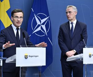 epa10507840 Sweden's Prime Minister Ulf Kristersson (L) and NATO Secretary General Jens Stoltenberg during a press conference in Stockholm, Sweden, 07 March 2023, after a meeting with all Swedish party leaders who are in favor of a Swedish NATO membership.  EPA/Jonas Ekstromer   SWEDEN OUT