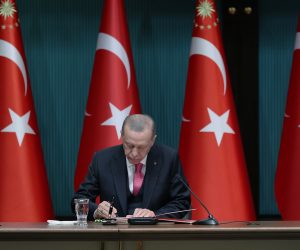 epa10513424 A handout photo made available by the Turkish President Press Office shows Turkish President Recep Tayyip Erdogan attending a press conference where he signed the decree stating that the presidential elections will be held on 14 May 2023, at the Presidential Palace in Ankara, Turkey, 10 March 2023.  EPA/TURKISH PRESIDENT PRESS OFFICE/HANDOUT  HANDOUT EDITORIAL USE ONLY/NO SALES
