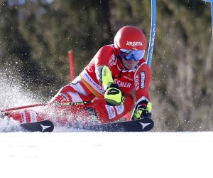 epa10514720 Filip Zubcic of Croatia clears a gate during the first run of the Men's Giant Slalom race at the FIS Alpine Skiing World Cup in Kranjska Gora, Slovenia, 11 March 2023.  EPA/ANTONIO BAT