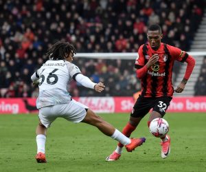 epa10515029 Trent Alexander-Arnold of Liverpool (L) in action against Jaidon Anthony of Bournemouth (R) during the English Premier League soccer match between AFC Bournemouth and Liverpool FC in Bournemouth, Britain, 11 March 2023.  EPA/Vince Mignott EDITORIAL USE ONLY. No use with unauthorized audio, video, data, fixture lists, club/league logos or 'live' services. Online in-match use limited to 120 images, no video emulation. No use in betting, games or single club/league/player publications