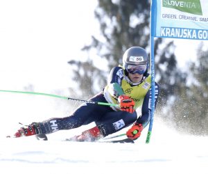epa10516493 Lucas Braathen of Norway clears a gate during the first run of the Men's Giant Slalom of the FIS Alpine Skiing World Cup in Kranjska Gora, Slovenia, 12 March 2023.  EPA/ANTONIO BAT